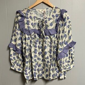 NWT Entro Purple and Cream Floral Blouse Large New Without Tags